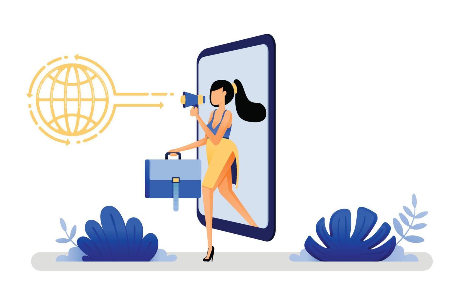 vector illustration of woman getting out of phone and holding suitcase metaphor of gig economy making everyone able to work with apps and internet. Designed for website, web, apps, poster, banner