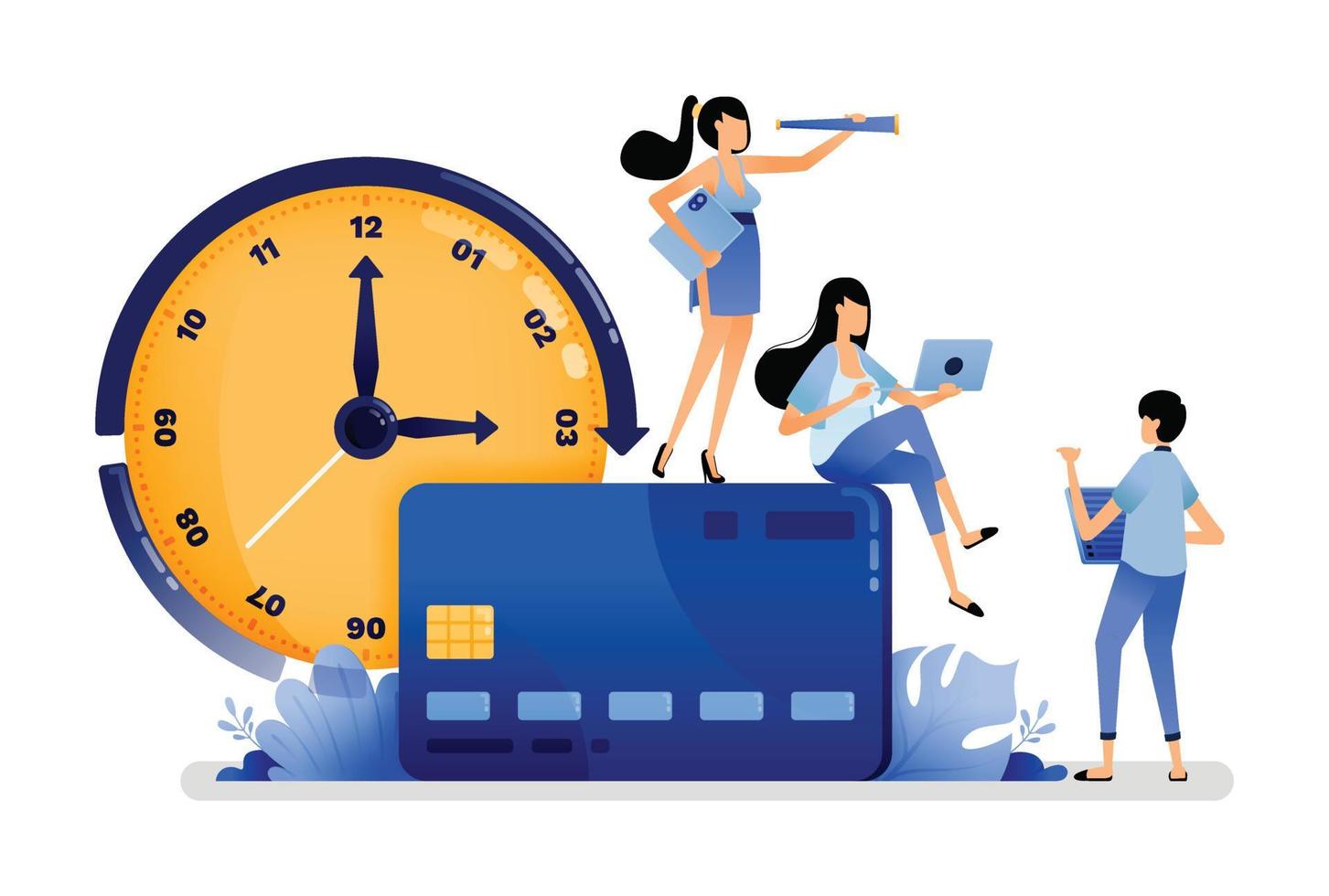 vector illustration of people are trying to pay off loan from credit card debt. Short term consumer debt with low interest  more difficult to pay off. Can use for web website apps poster banner flyer