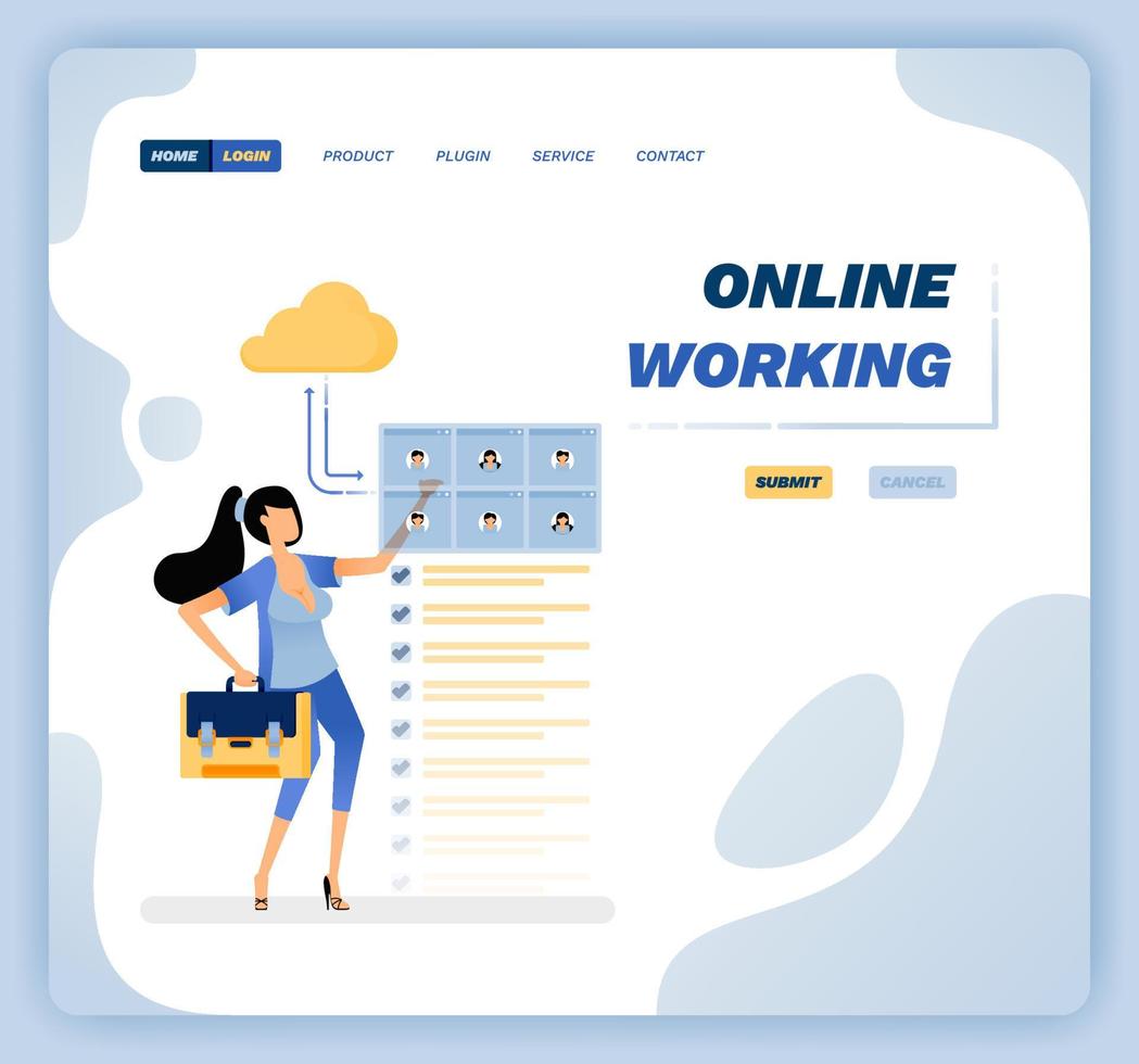 Vector illustration of woman accessing work and meeting remotely by connecting to internet cloud service. Design can be used for website, poster, flyer, apps, advertising, promotion, marketing
