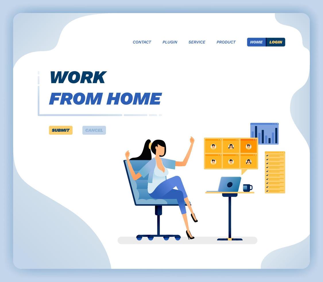 Vector illustration of woman sitting in work chair and still productive completing online meetings jobs. Design can be used for website, poster, flyer, apps, advertising, promotion, marketing