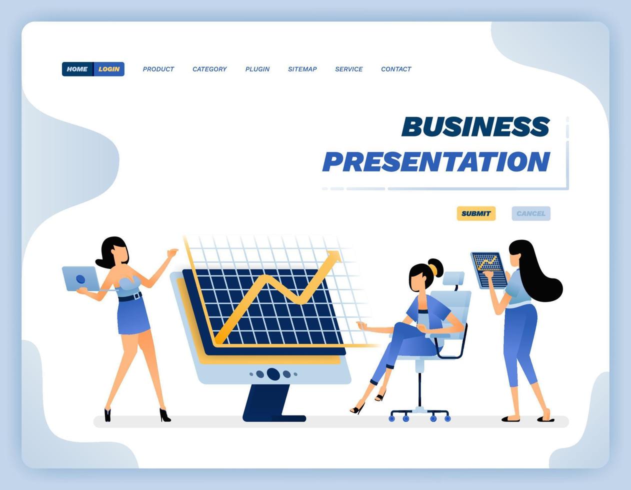 Vector illustration of a woman representing an increase chart on a boss sitting in a work chair. Design can be used for website, poster, flyer, apps, advertising, promotion, marketing