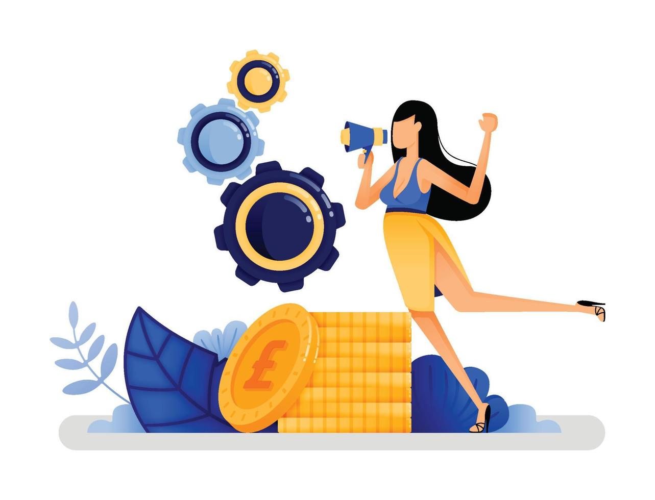 vector illustration of woman standing next to a pile of coins metaphor of financial independence that must be achieved by women. invest money for independence. Designed for website, web, apps, poster