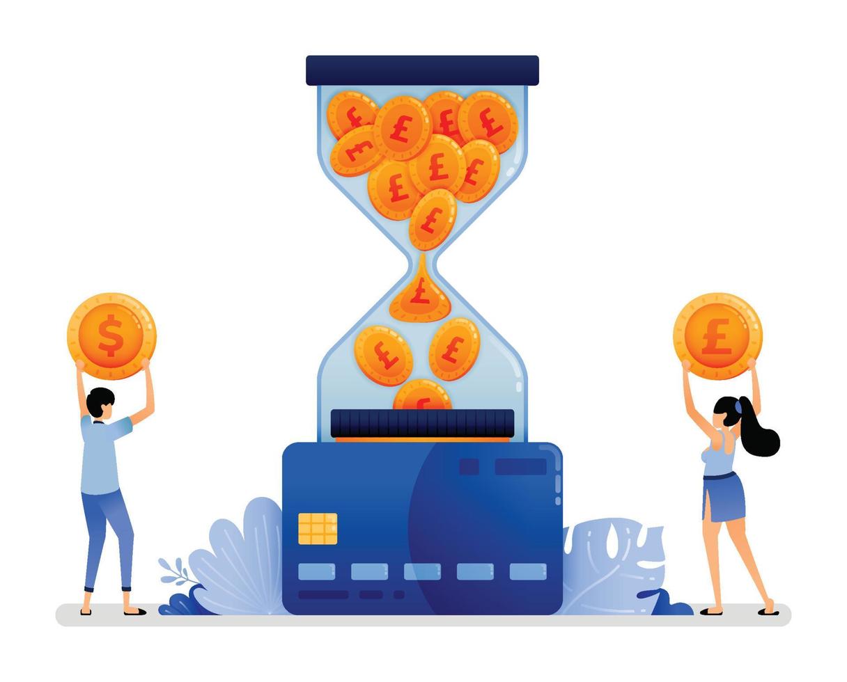 vector illustration of coins falling from hourglass to credit card. illustration of consumptive behavior makes income only for short term debt. Can use for web website app poster banner flyer homepage