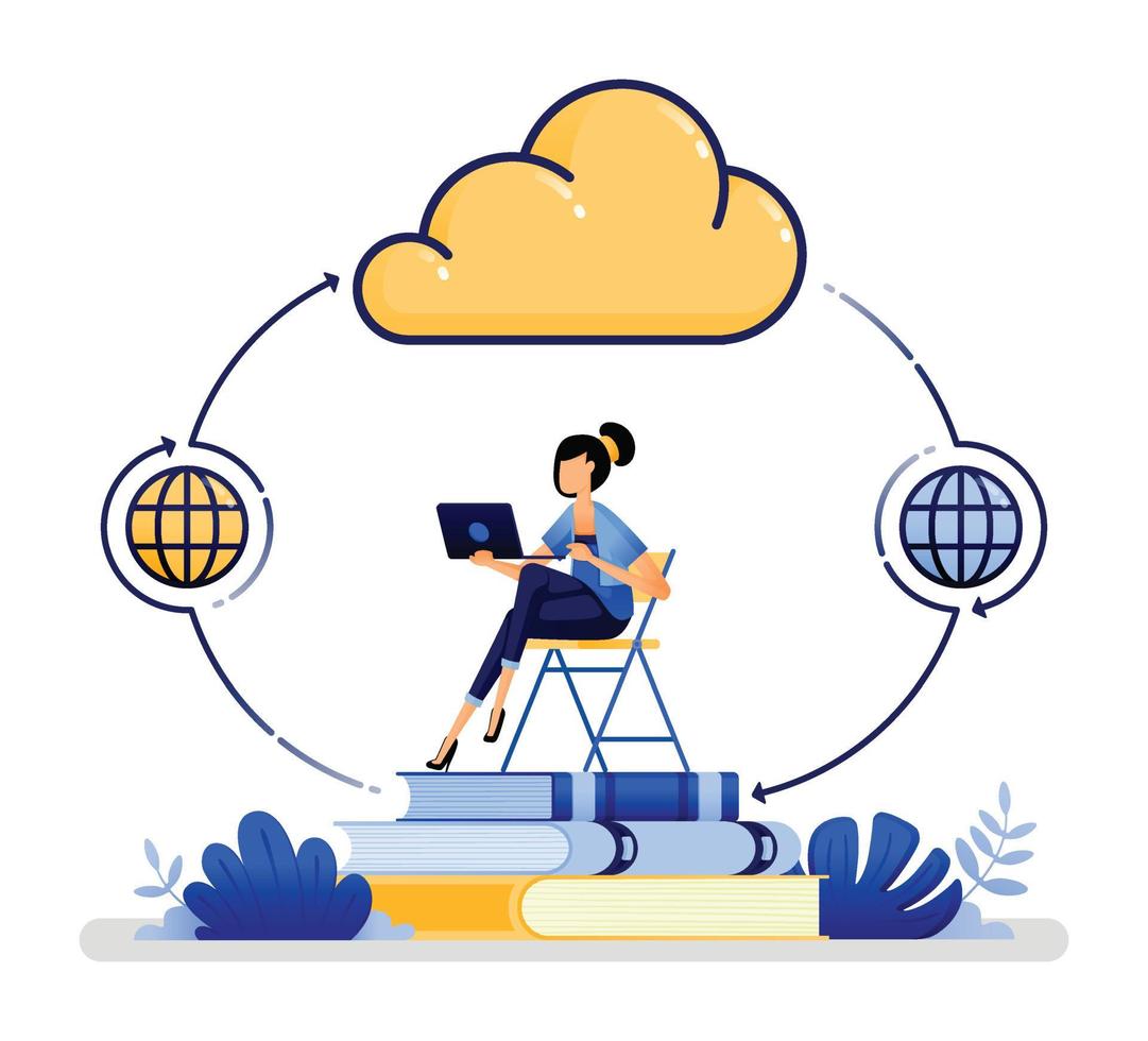 vector illustration of women learn from anywhere with the future technology of cloud computing. more efficient education with distance learning. Designed for website, web, apps, poster, banner