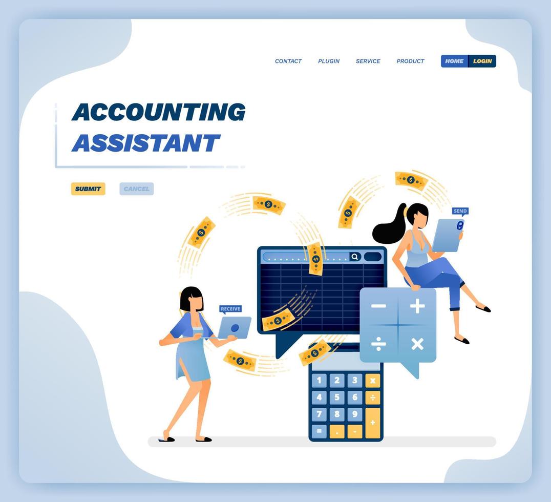 Vector illustration of a female assistant setting up accounting spreadsheets and money circulation in company. Design can be used for website, poster, flyer, apps, advertising, promotion, marketing