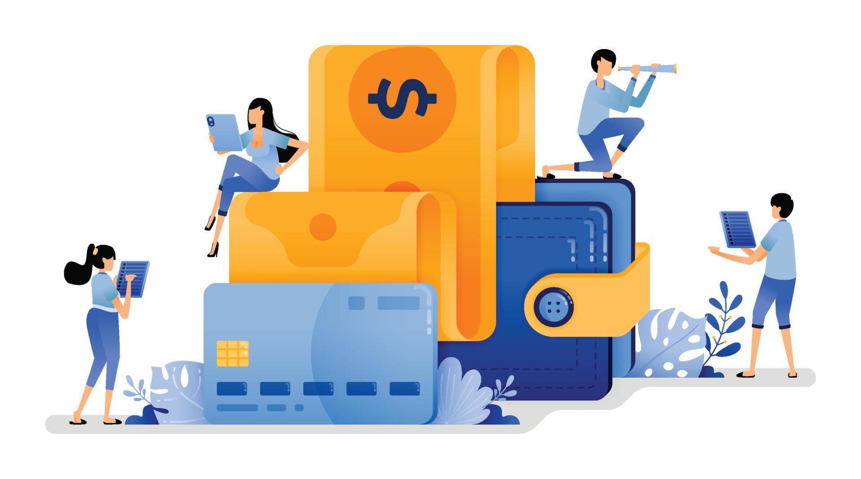 vector illustration of money out of the wallet to  credit card. income or salary must be used for consumption and payment of credit card debt. Can use for web website apps poster banner flyer homepage