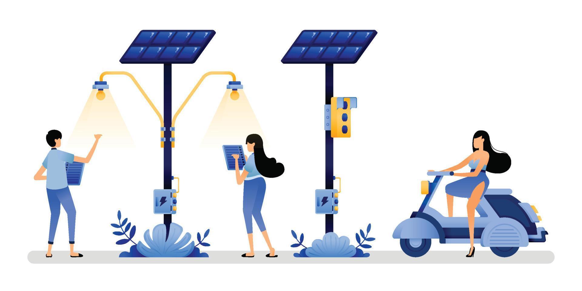 vector illustration of solar panels used for daily public facilities such as street lights and traffic lights to support  renewable energy. Can use for web website apps poster banner flyer homepage