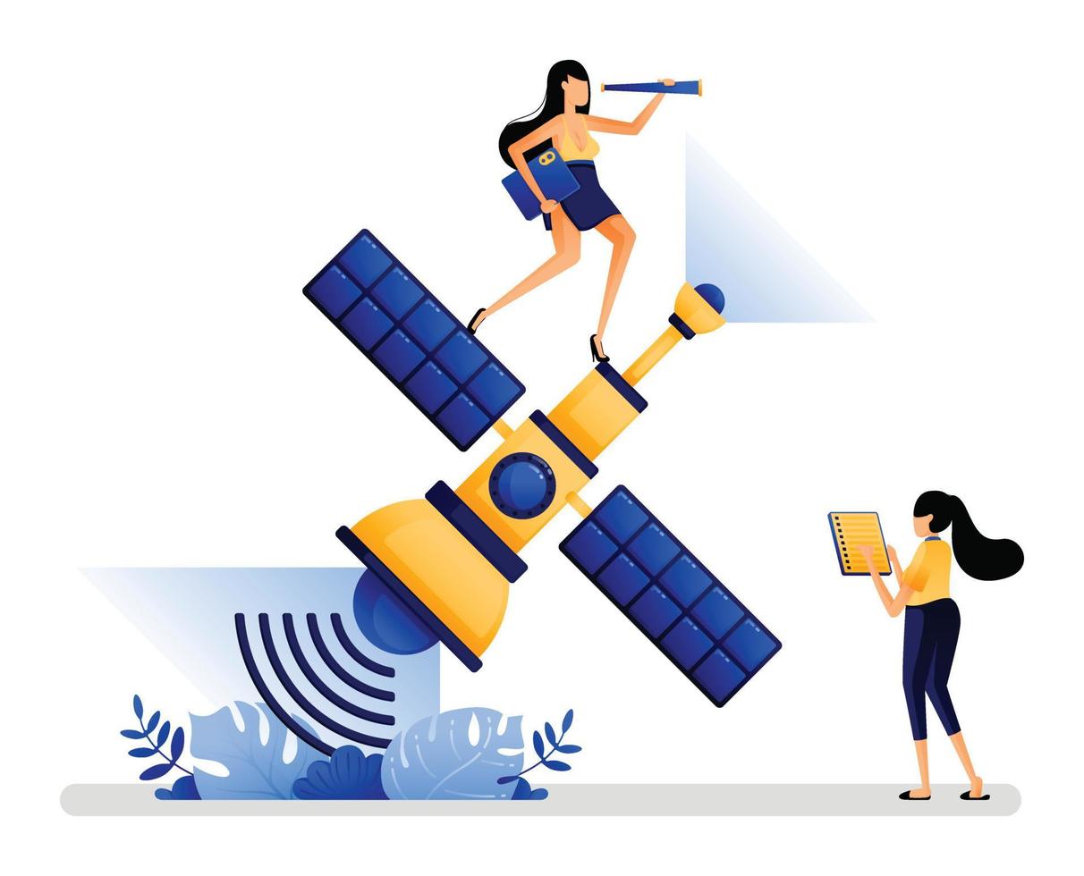 vector illustration of satellite for digital communication is safer than cable networks by relying on artificial security system without gaps. Designed for website, web, apps, poster, banner, homepage