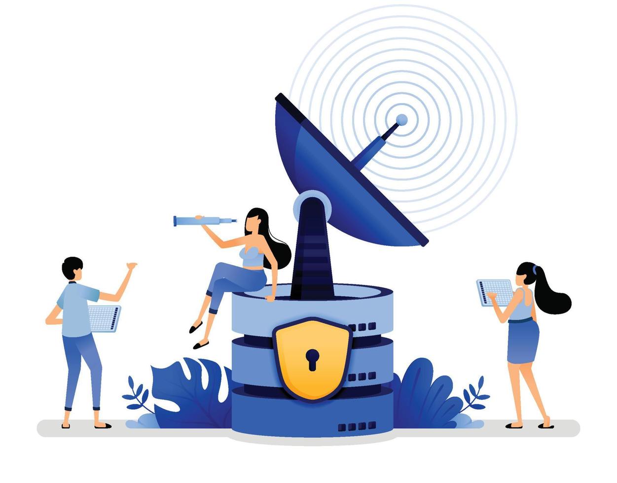vector illustration of database with latest technology to communicate with satellites for users access and networks can reach a wider area. Can use for web website apps poster banner flyer homepage