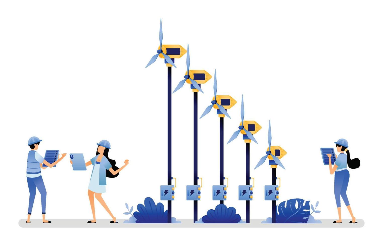 ilustración vectorial de tecnología energética sostenible y respetuosa con el medio ambiente mediante la utilización de recursos eólicos que se desarrollaron para ser más eficientes. se puede usar para el sitio web, las aplicaciones móviles, el póster, el volante, la pancarta vector