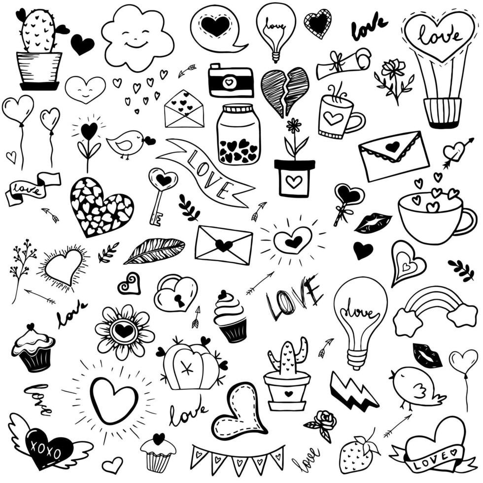 Set heart Icons, hand drawn icons and illustrations for valentines and wedding vector