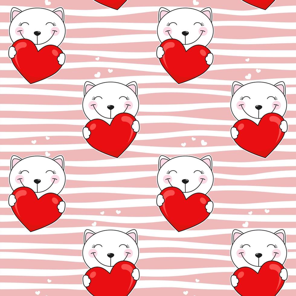 Cute cartoon cats with red heart. Seamless striped pattern. vector
