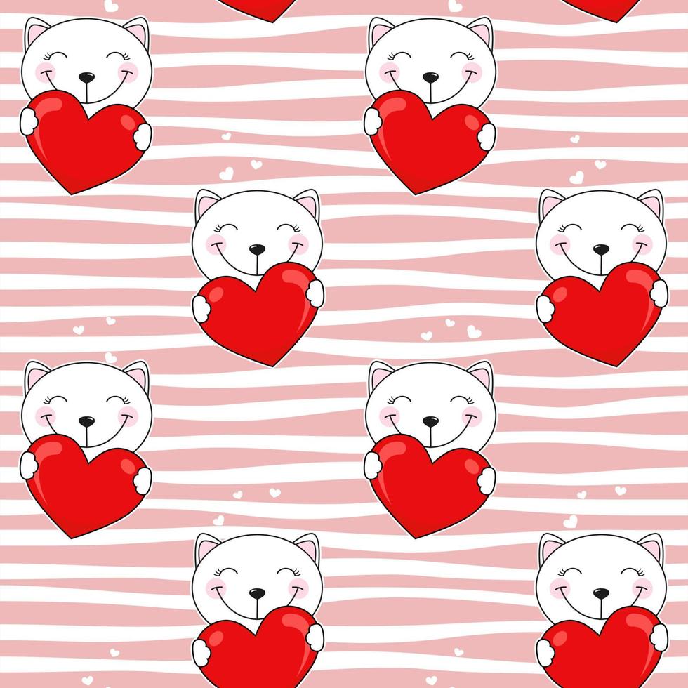 Cute cartoon cats with red heart. Seamless striped pattern. vector