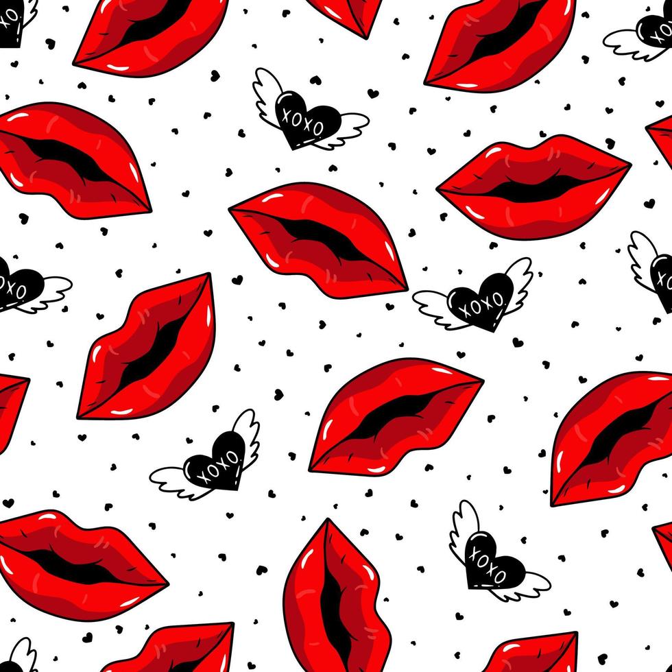 Seamless pattern with red lips with hearts. Beauty repeated backdrop. Girlish wallpaper.Colorful cartoon style. vector