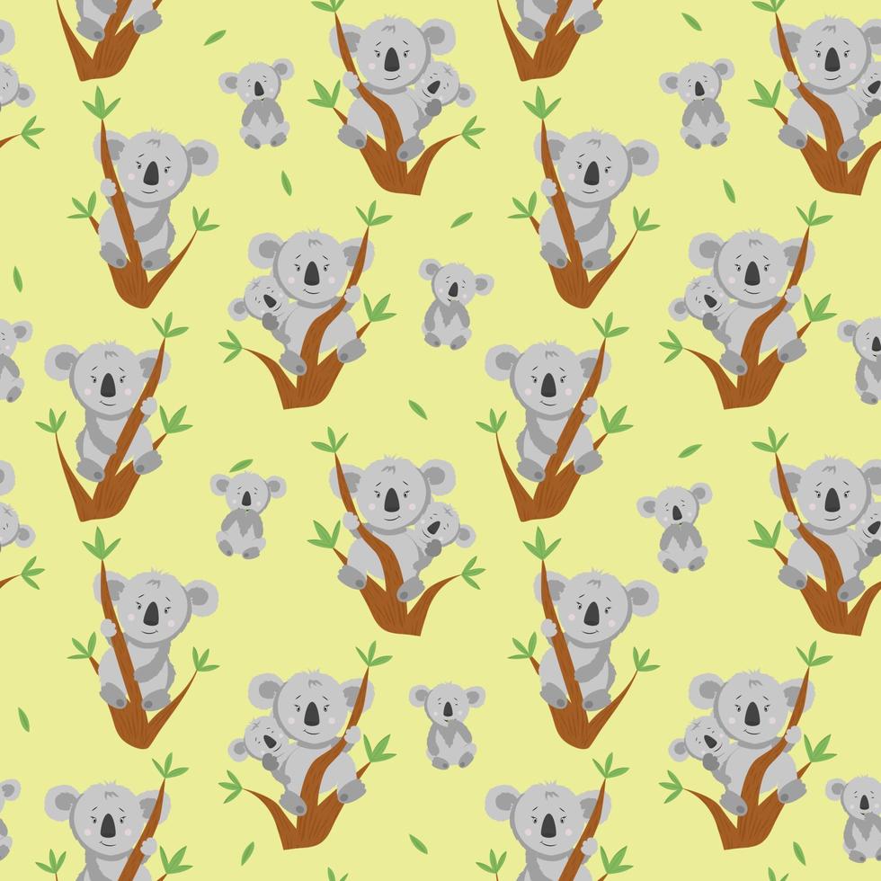 Seamless pattern with cartoon koala on the eucalyptus tree. Funny koala with baby koala. Pattern for fabric and kids clothes. vector