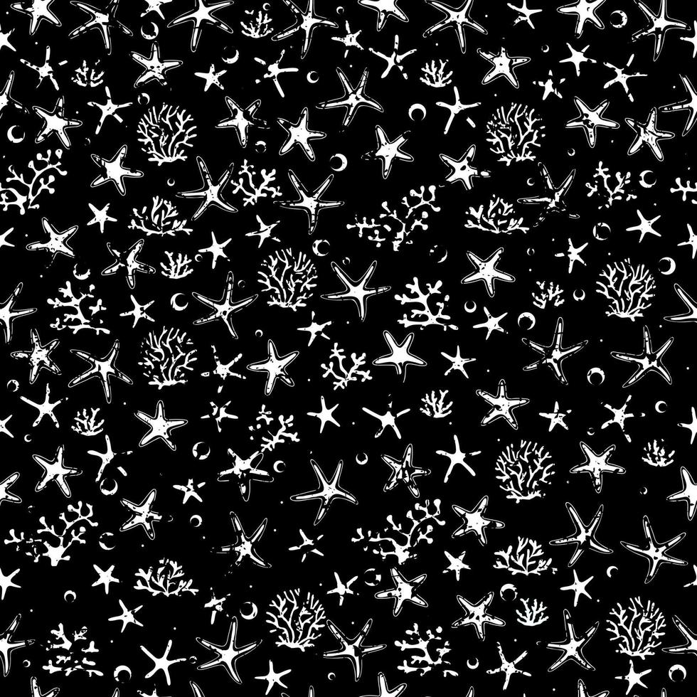 Stylized sea pattern with stars and seaweeds. Seamless marne pattern. vector