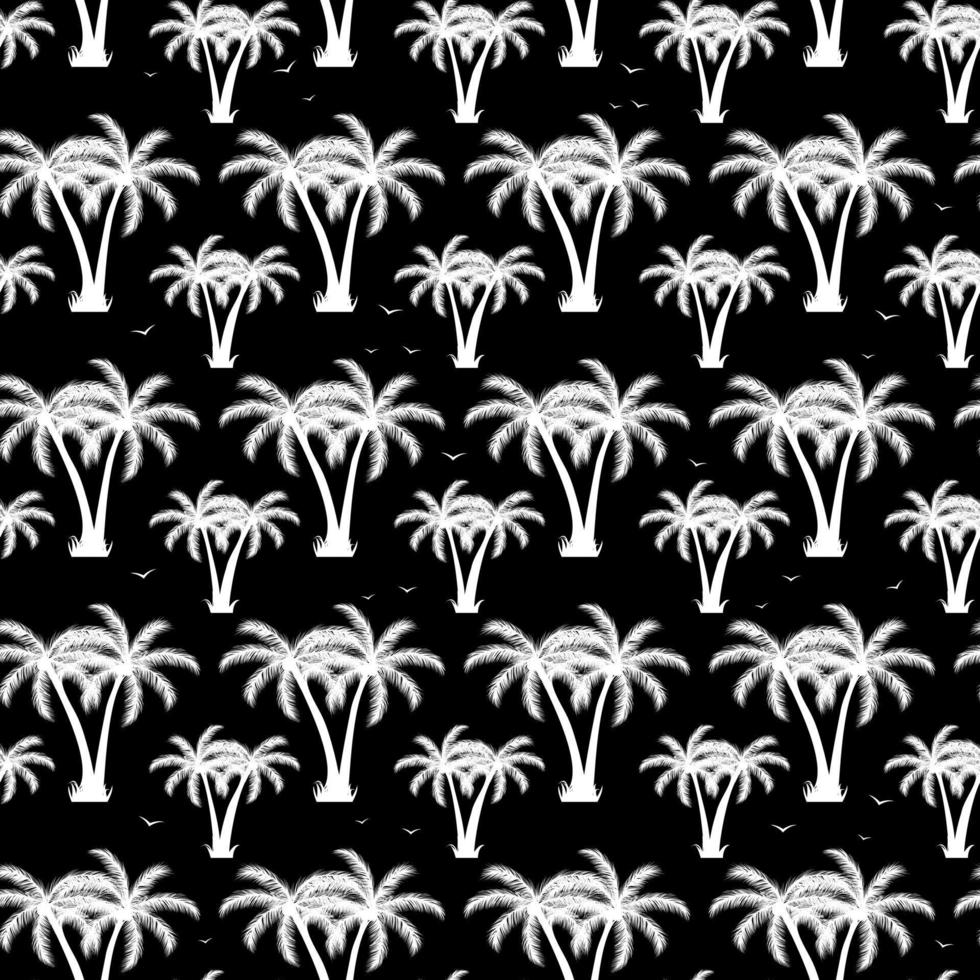 Palm trees with birds on a black background. Exotic seamless pattern. vector