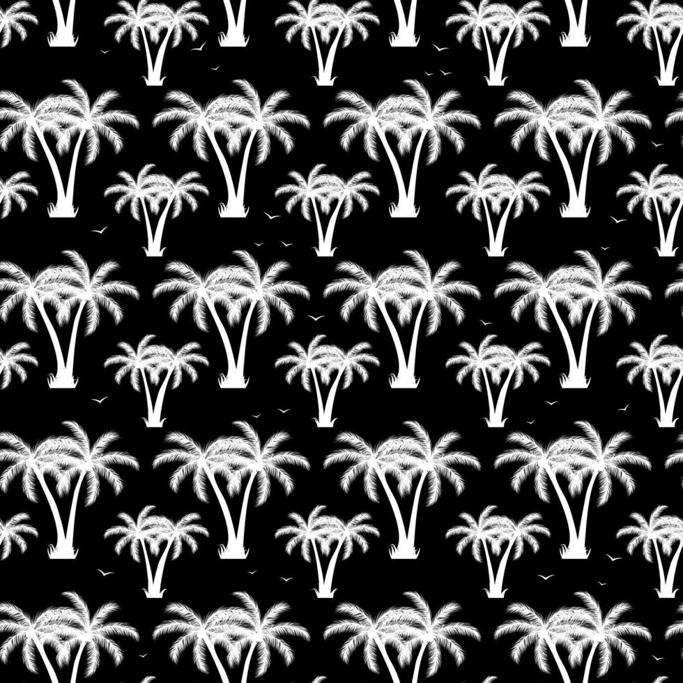 Palm trees with birds on a black background. Exotic seamless pattern. vector