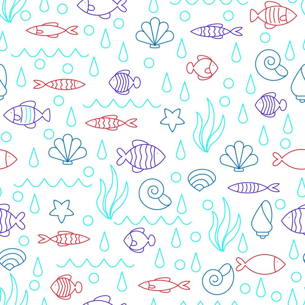 Vector doodle set of marine fish of different shapes, isolated on white background. Illustration for design on the theme of marine animals, sea, travel.