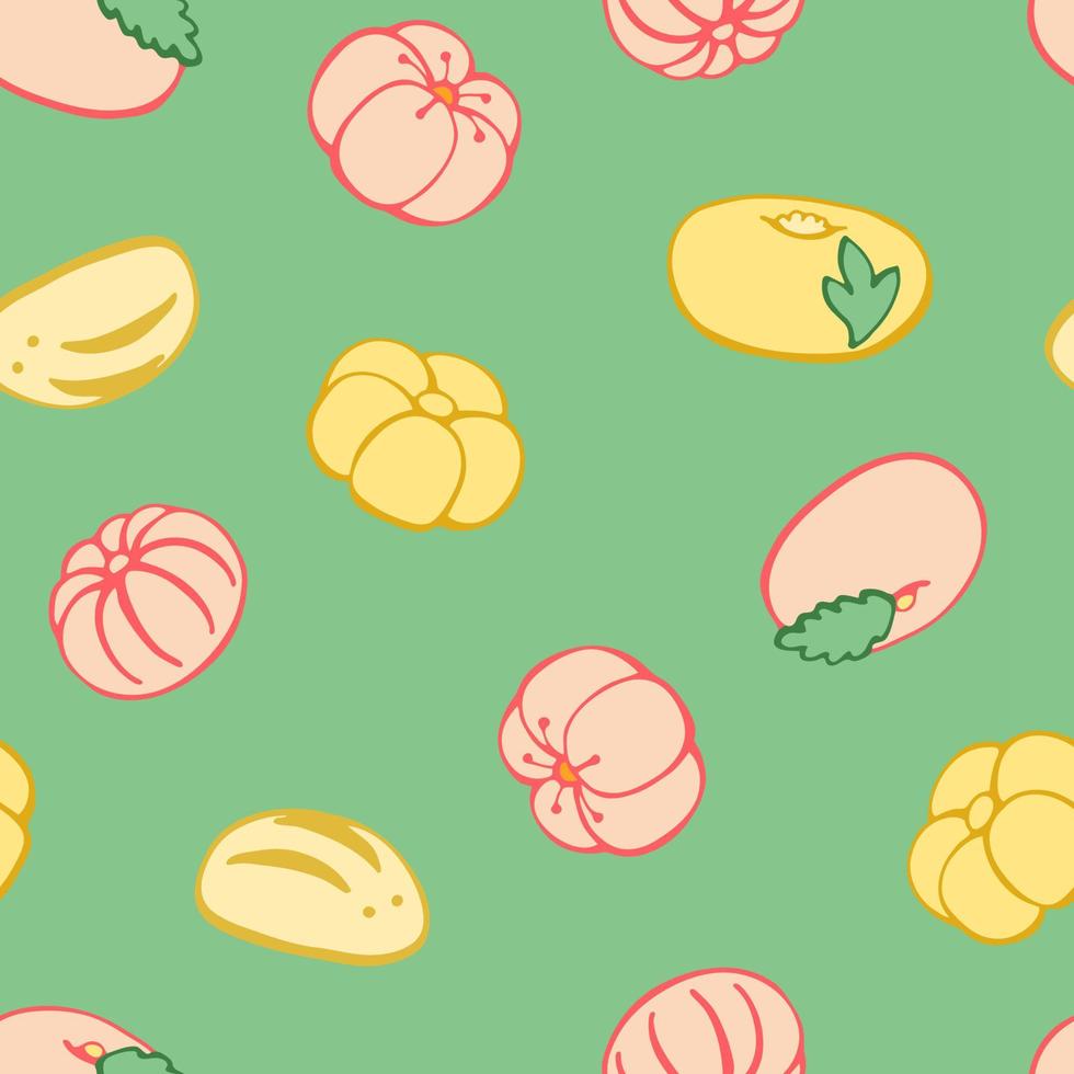 Seamless pattern with Japanese desserts, sweets, mochi, wagashi. Hand drawn vector illustration in sketch style.