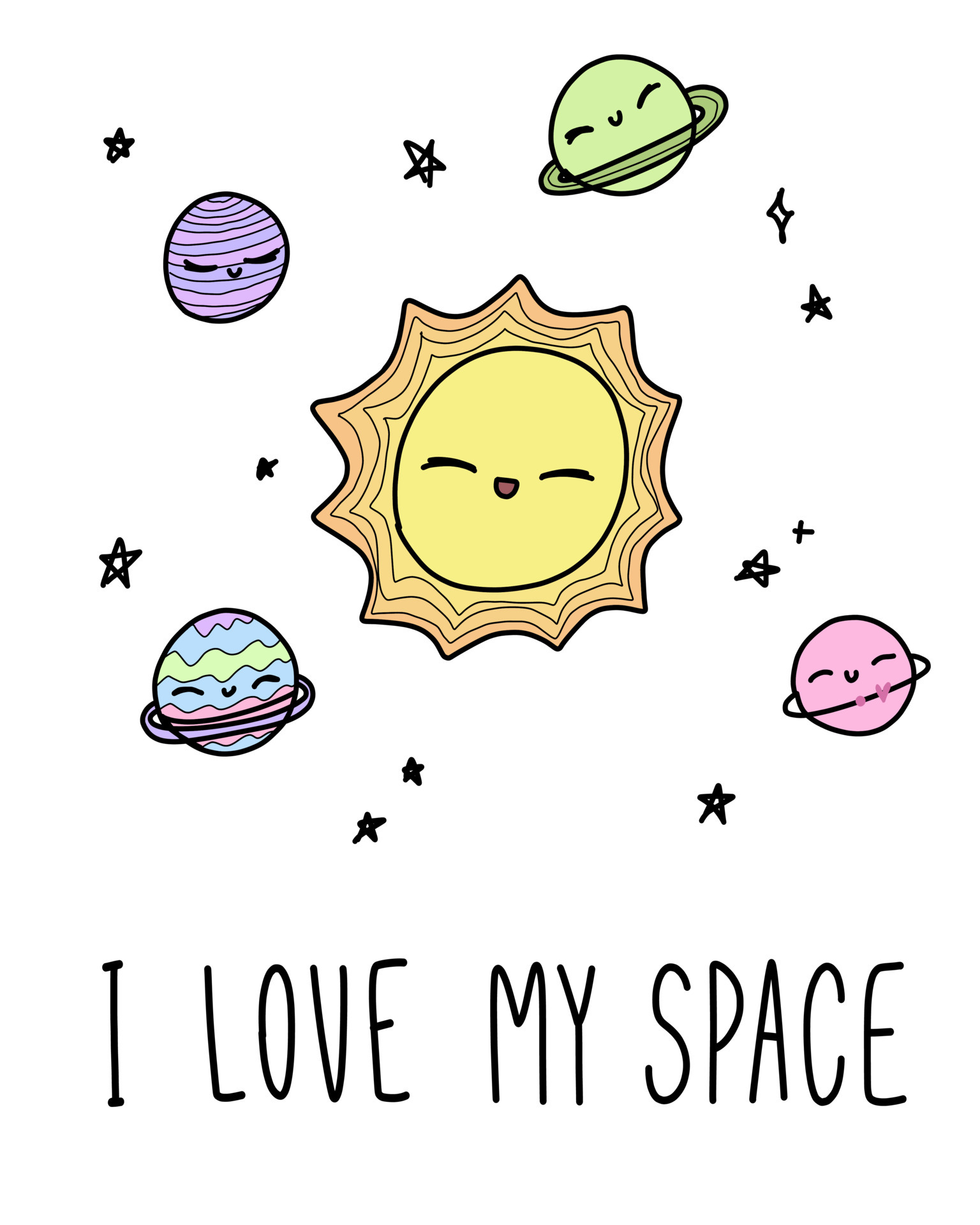 I love my space. Cute doodle cosmos with stars sun planets for ...
