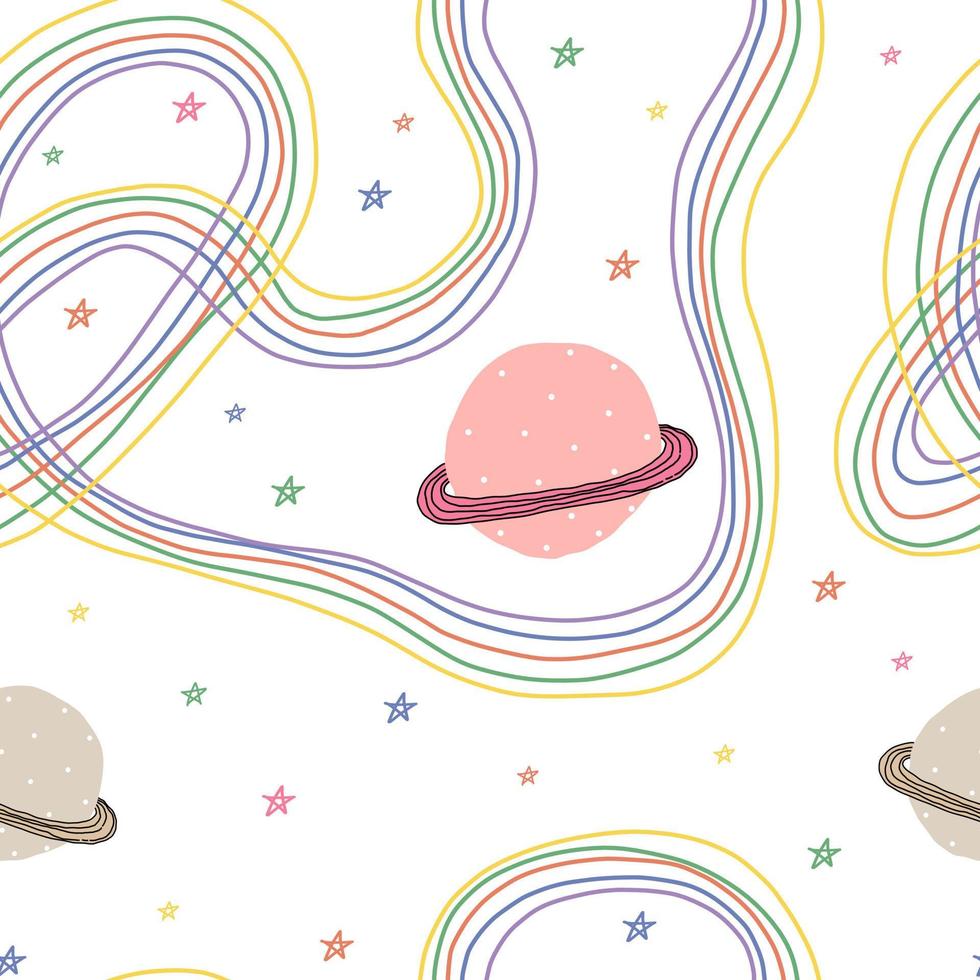 Cute pattern with planets stars in space. White abstract paper for scrapbooking line doodle cosmos. Seamless background. Textiles for children. Minimalism scrapbook for kids. vector