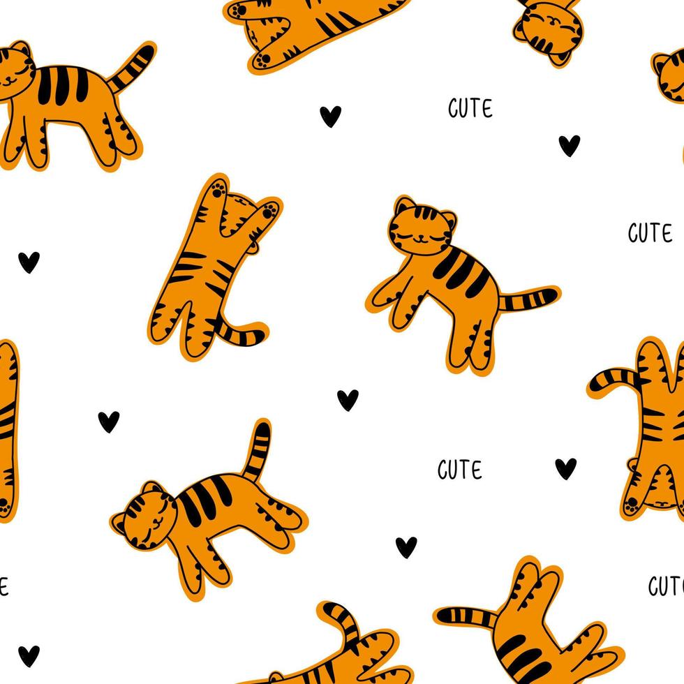 Cute white pattern with line black hearts. Seamless background tiger. Textiles for children. Minimalism paper scrapbook for kids. vector