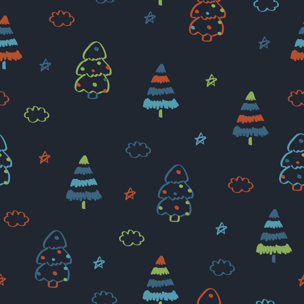 Black seamless pattern with green blue orange Christmas tree lines and doodle clouds stars. Winter texture, textiles, children wallpaper. vector