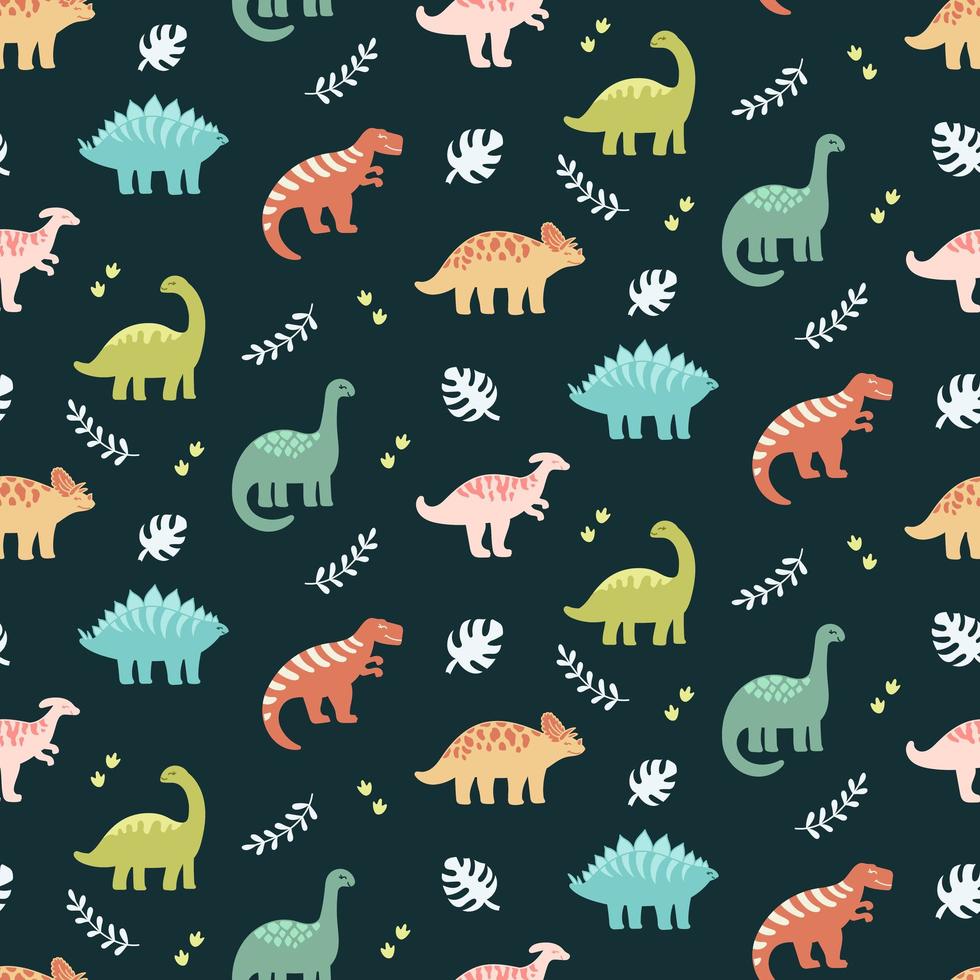 Dinosaurs and leaves seamless pattern on dark background vector