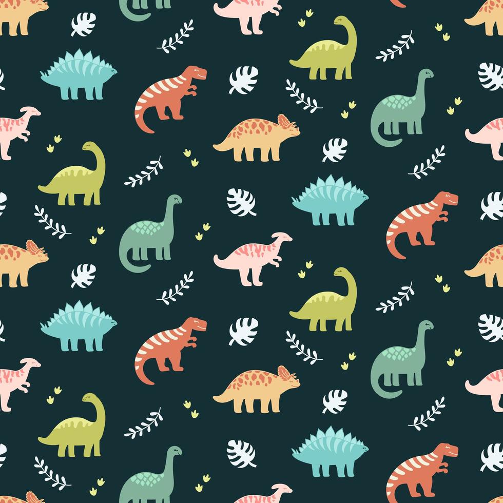 Dinosaurs and leaves seamless pattern on dark background vector