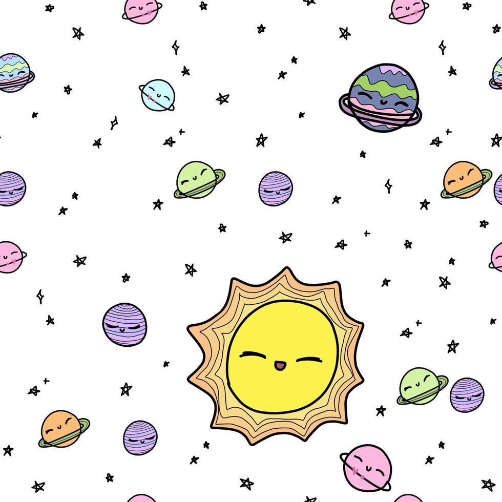 Cute pattern with planets sun stars in space. White paper for scrapbooking doodle cosmos. vector