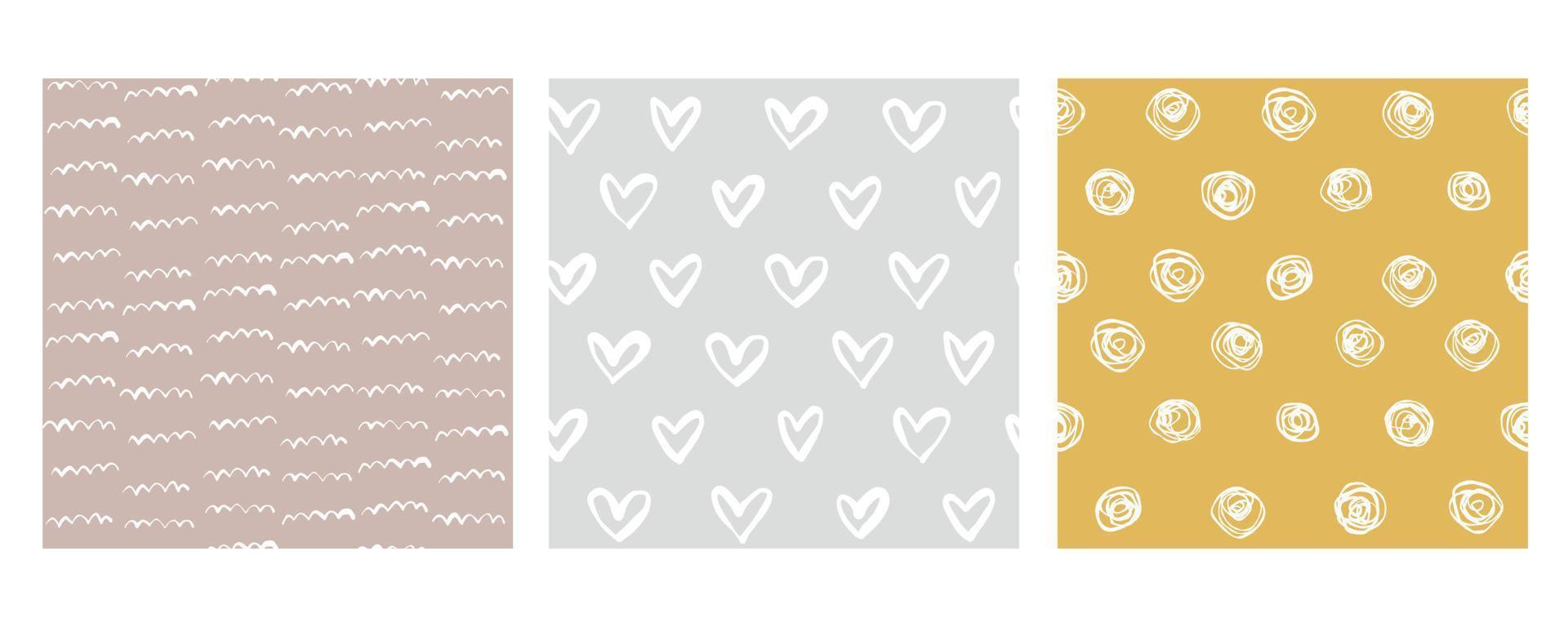 Hand drawn abstract geometric seamless modern colorful patterns doodle set. Cute vector collection beige, gray, yellow for paper, fabric, book, kitchen, children.
