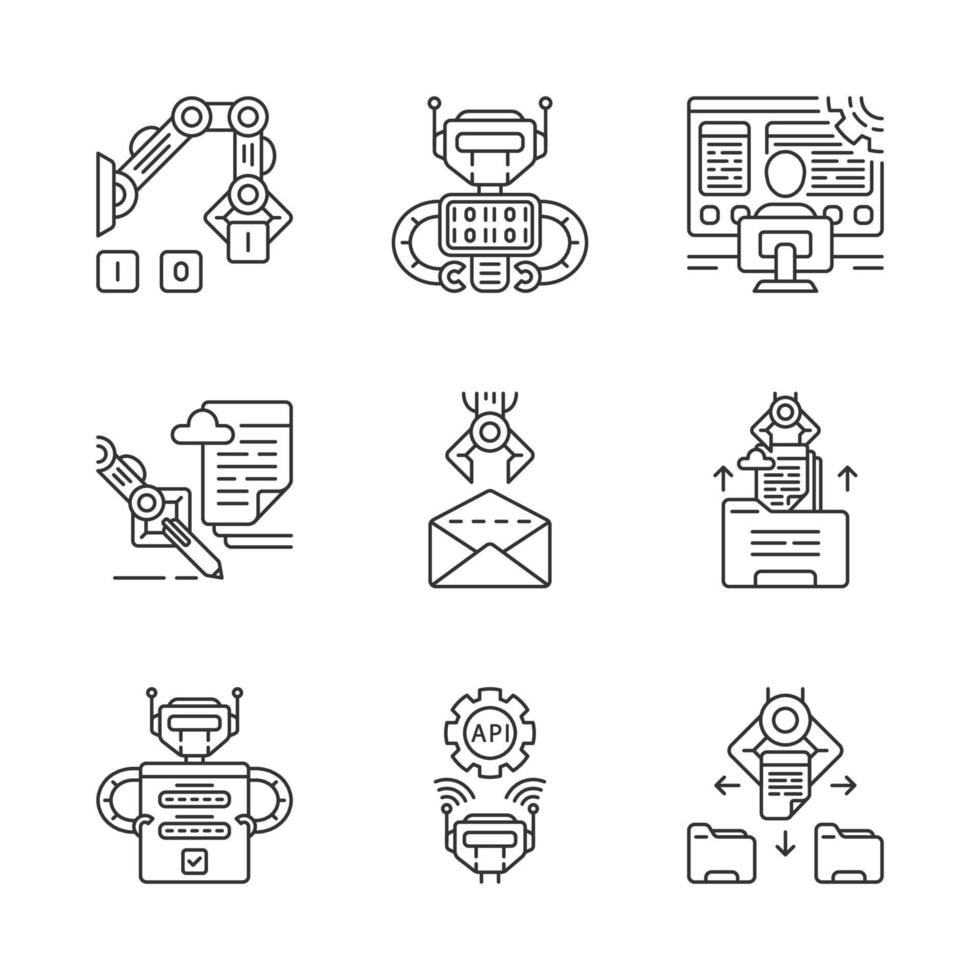 RPA linear icons set. Robotic process automation benefits. Development, using clerical process automation technology. Thin line contour symbols. Isolated vector outline illustrations. Editable stroke