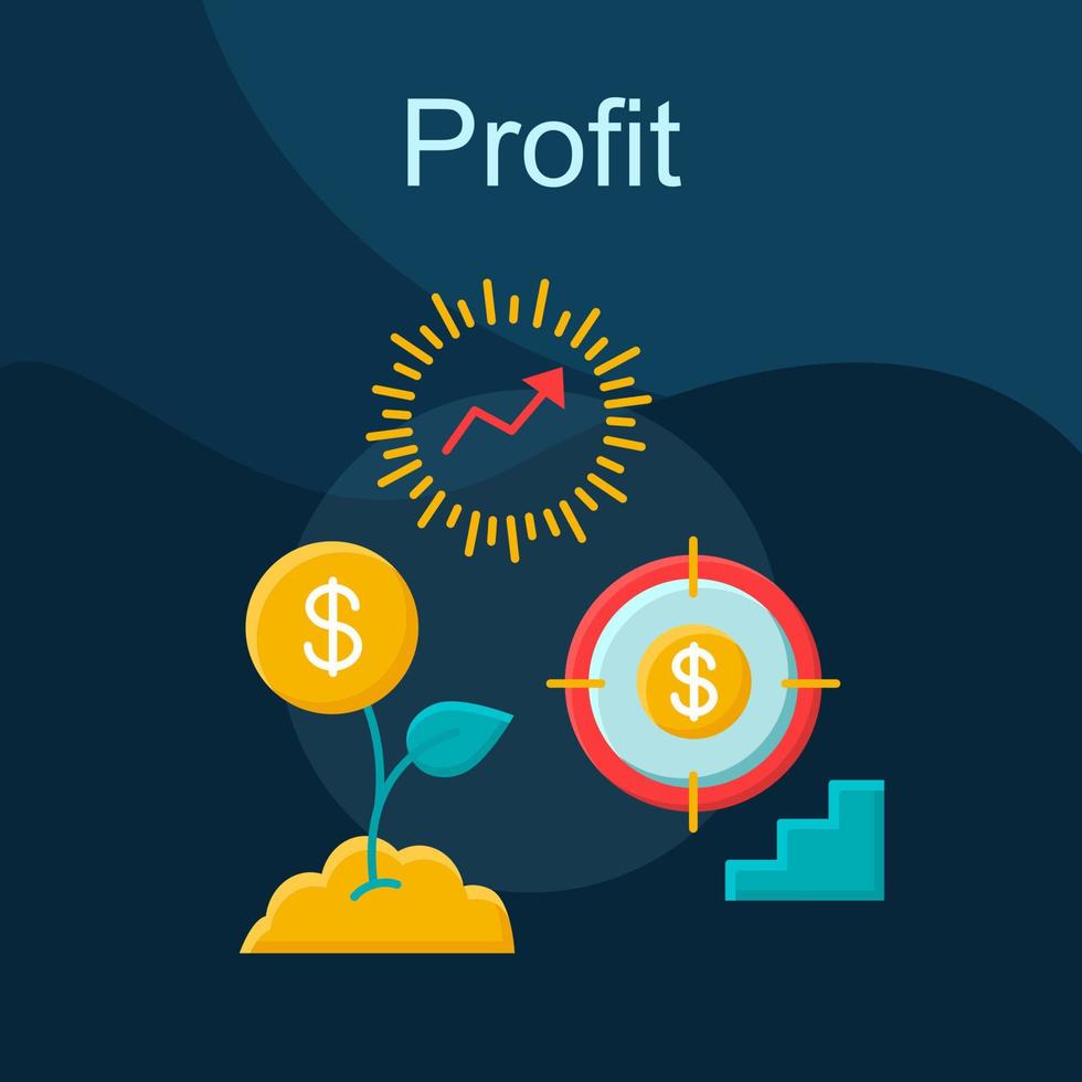 icono de vector de concepto plano de beneficio. conjunto de ilustraciones en color de dibujos animados de idea de ingresos. capital, depósito, inversión. crecimiento financiero ganar dinero. puesta en marcha, desarrollo de negocios. elemento de diseño gráfico aislado