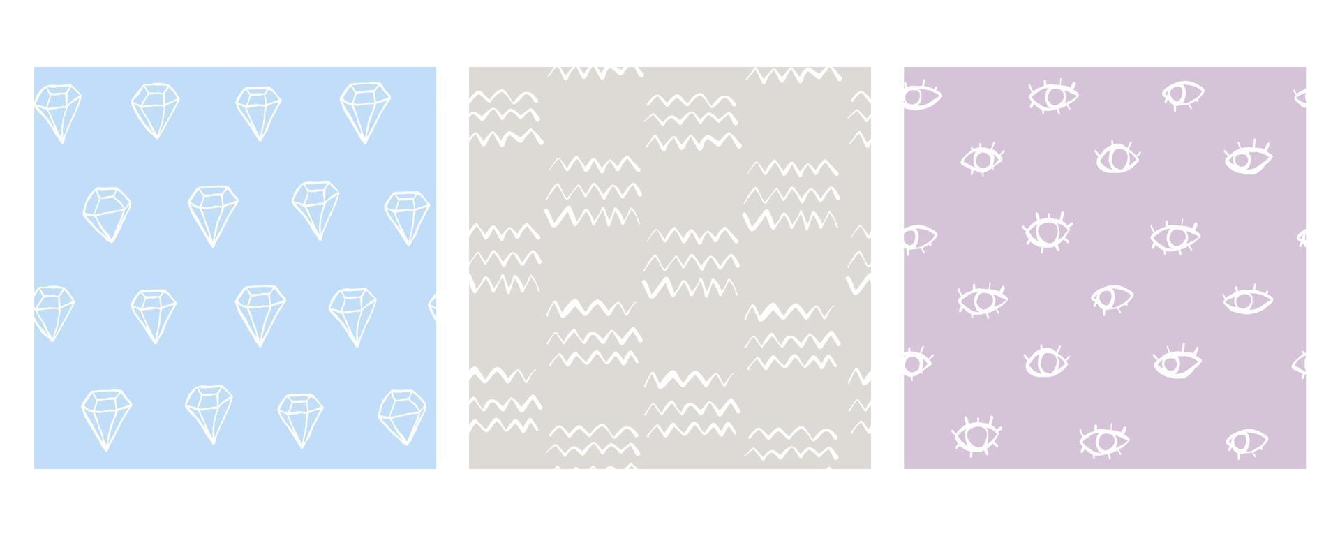 Hand drawn blue, white, purple, beige abstract geometric seamless modern colorful patterns doodle set. Cute vector collection for paper, fabric, book, kitchen, children.