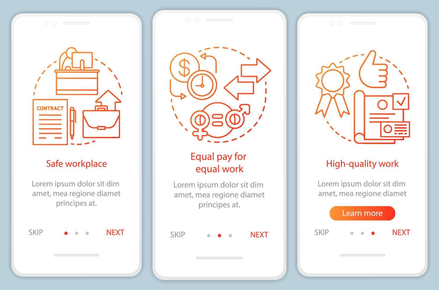 plantilla de vector de pantalla de página de aplicación móvil de incorporación de ética de trabajo. lugar de trabajo seguro, igual salario por trabajo. paso a paso del sitio web con ilustraciones lineales. concepto de interfaz de teléfono inteligente ux, ui, gui