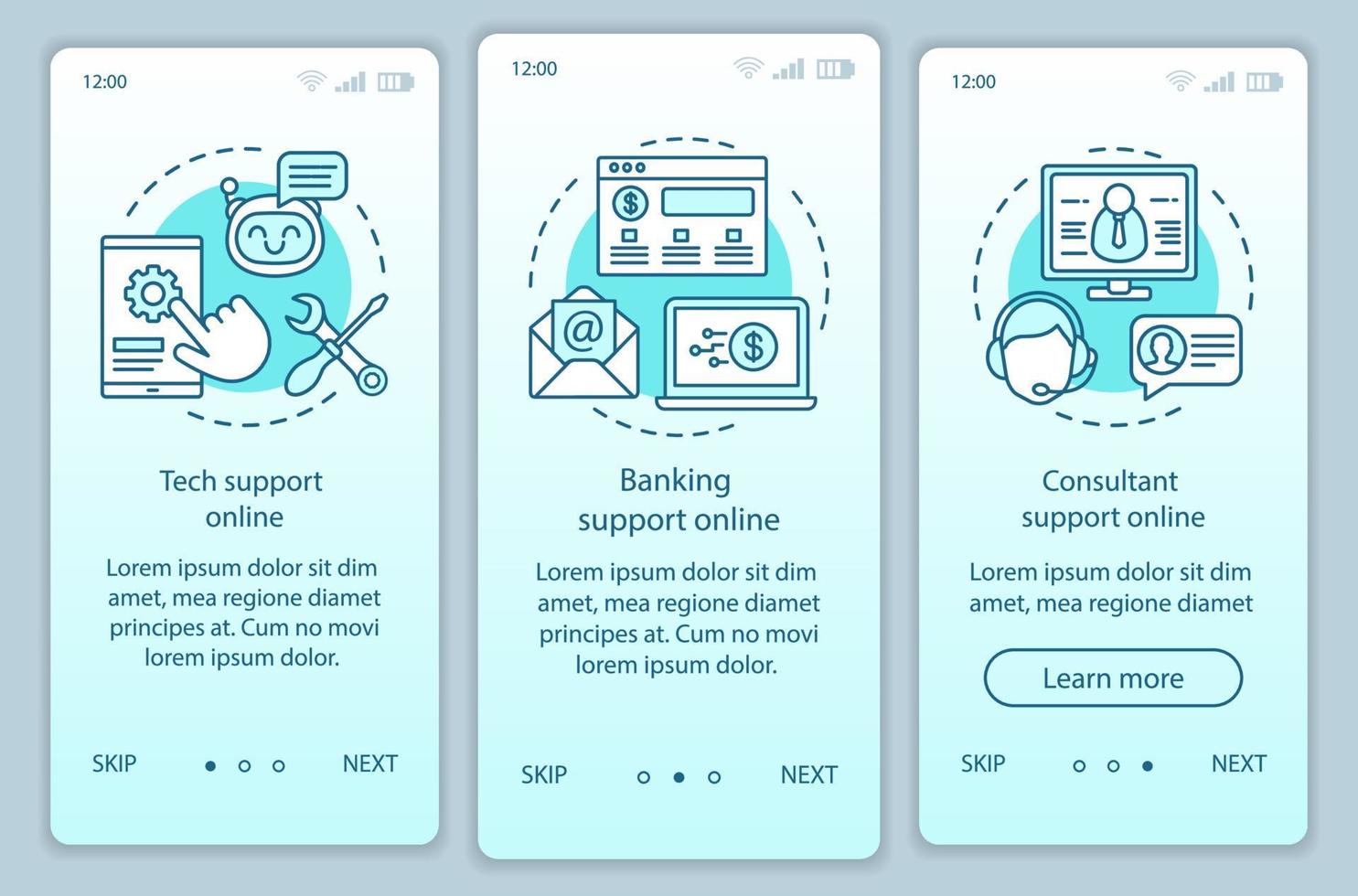 Customer support online onboarding mobile app page screen vector template. Tech, banking, consultant help. Walkthrough website steps with linear illustrations. UX, UI, GUI smartphone interface concept