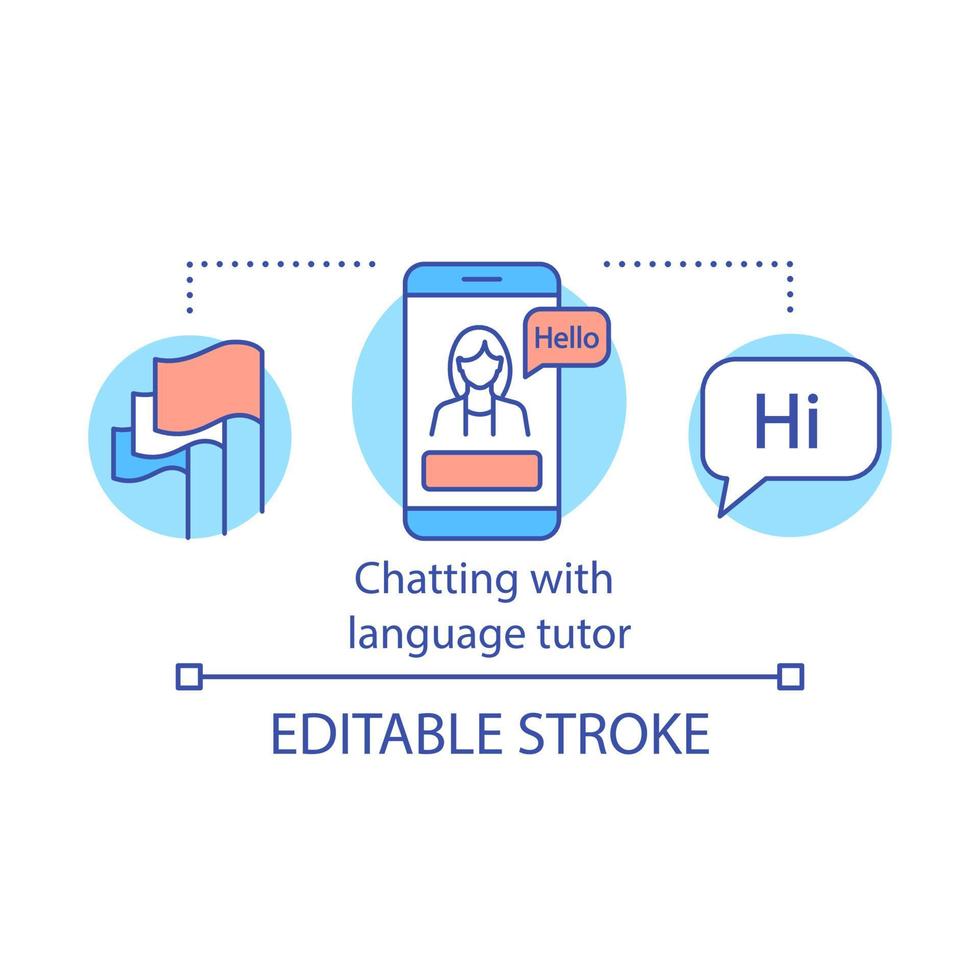 Chatting with language tutor concept icon. Chatting people. Chat with foreigner. Foreign language learning online idea thin line illustration. Vector isolated outline drawing. Editable stroke