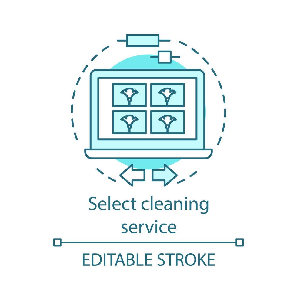 Select cleaning service concept icon. Cleaning agency booking idea thin line illustration. Cleanup planning. Web form filling. Laptop screen. Vector isolated outline drawing. Editable stroke