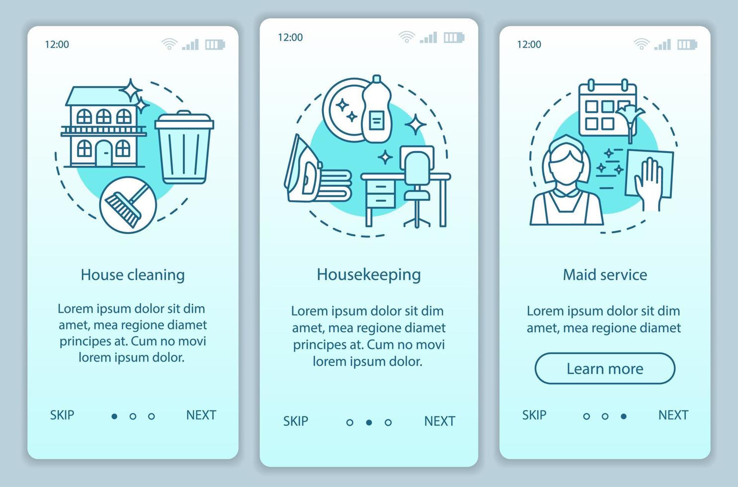 pantalla de la página de la aplicación móvil de incorporación del servicio doméstico, conceptos lineales. limpieza de la casa. servicio de limpieza. instrucciones gráficas de tres pasos de recorrido. limpieza interna. ux, ui, plantilla vectorial gui, ilustraciones vector