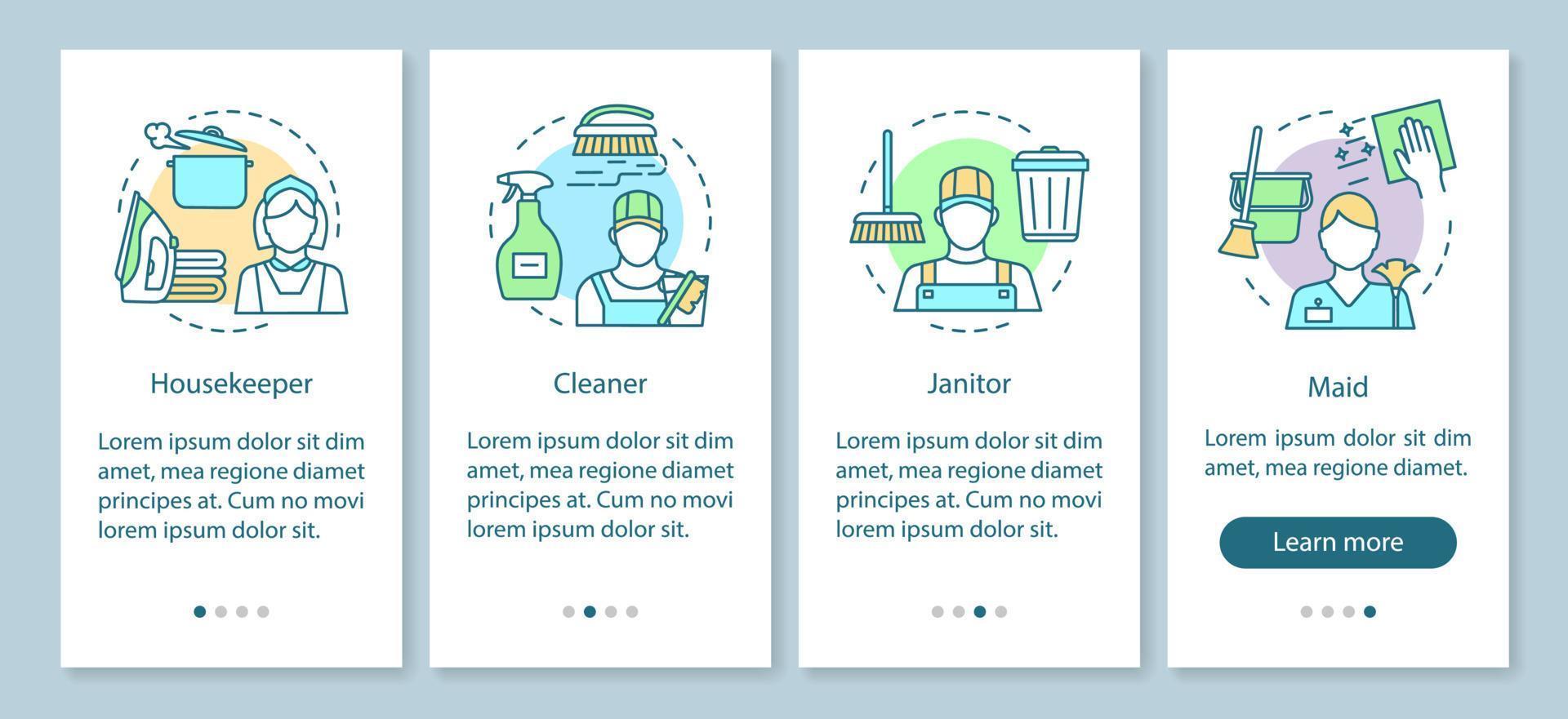 Cleaning agency staff onboarding mobile app page screen, linear concepts. Cleaner, maid. Cleanup company. Four walkthrough steps graphic instructions. UX, UI, GUI vector template with illustrations