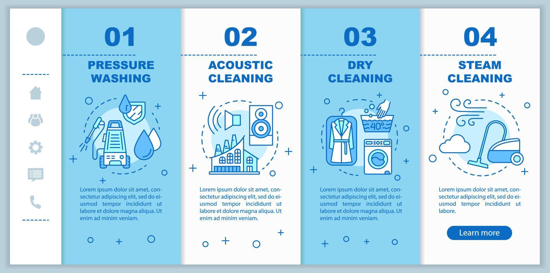 Cleaning methods onboarding mobile web pages vector template. Pressure washing. Responsive smartphone website interface idea, illustration. Webpage walkthrough step screen. Color concept