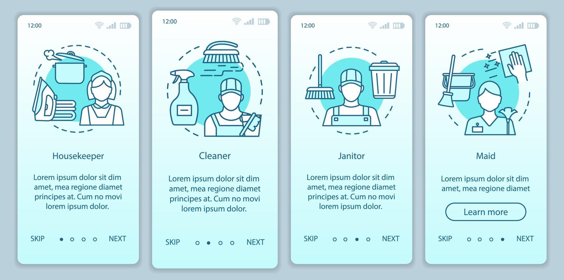 Cleaning agency staff onboarding mobile app page screen, linear concepts. Four walkthrough steps graphic instructions. Cleaner, maid. Cleanup company. UX, UI, GUI vector template with illustrations