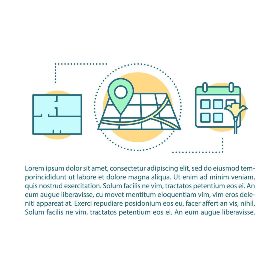 plantilla de vector de página de artículo de planificación de limpieza. lugares, programación. folleto, revista, elemento de diseño de folleto con iconos lineales y cuadros de texto. diseño de impresión. ilustraciones conceptuales con espacio de texto