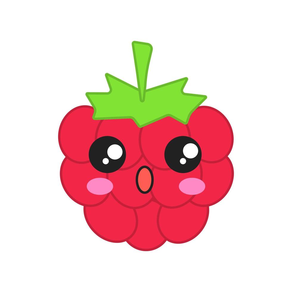 Raspberry cute kawaii vector character. Astonished berry with open mouth. Anguished food. Funny
