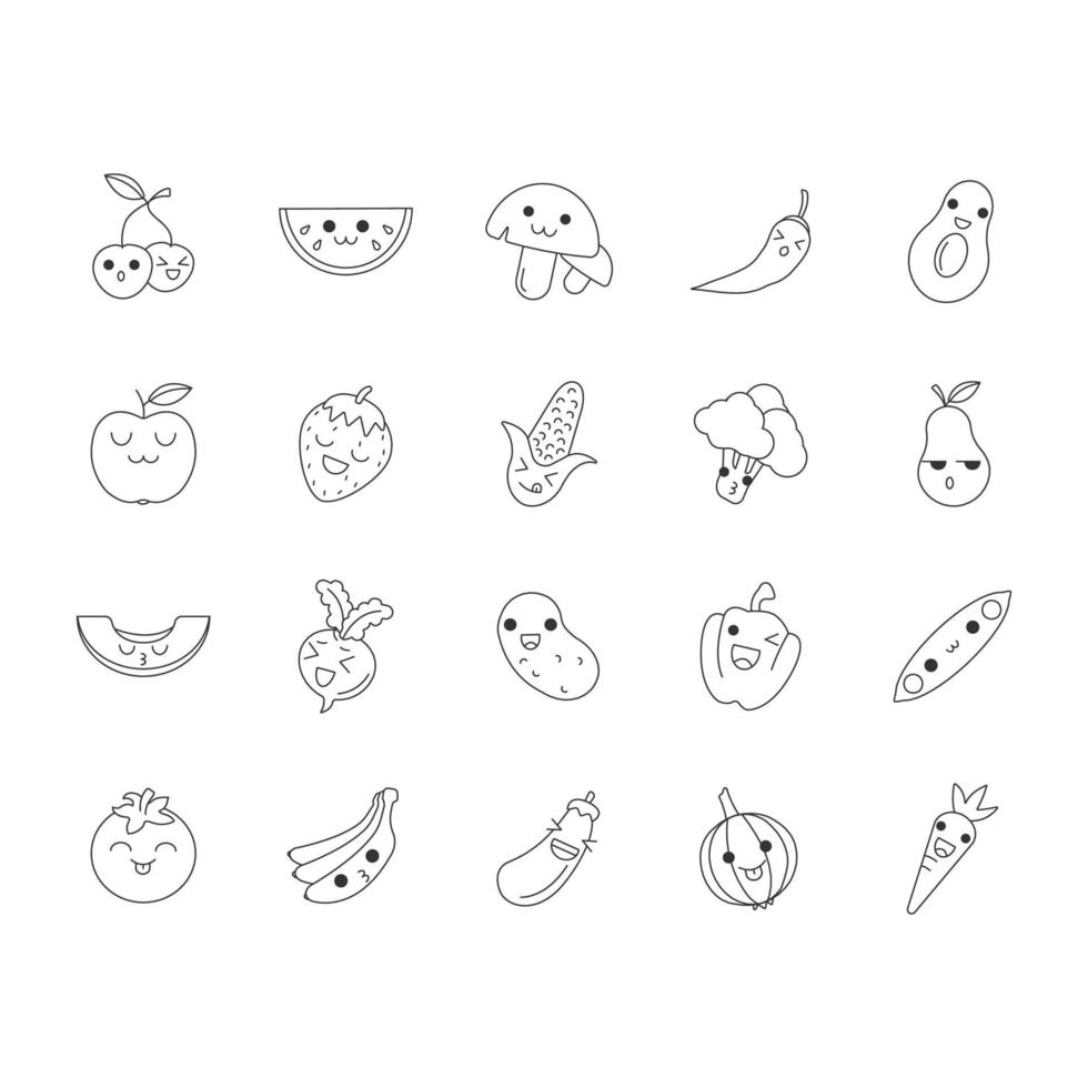 Vegetables and fruits cute kawaii linear characters. Happy banana and watermelon. Smiling tomato and cherry. Thin line icon set. Vector isolated outline illustration. Editable stroke