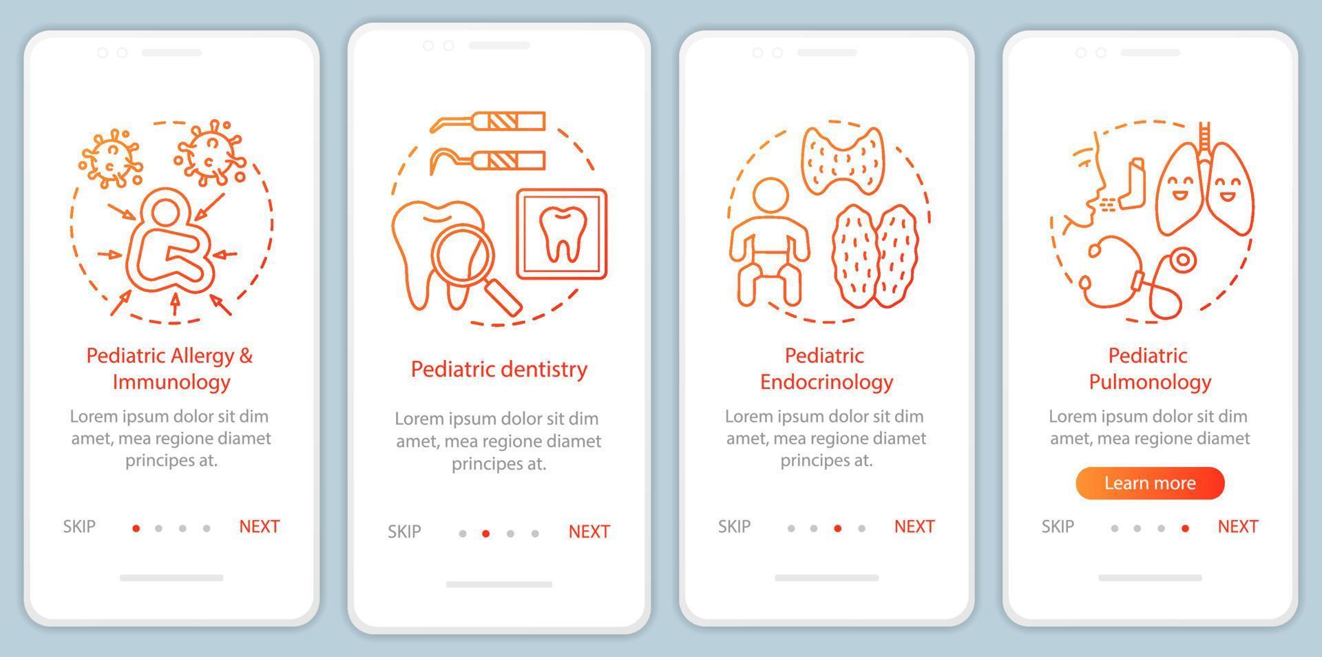 servicios pediátricos que incorporan la pantalla de la página de la aplicación móvil con conceptos lineales. odontología, alergia, endocrinología, neumología paso a paso instrucciones gráficas. ux, ui, plantilla vectorial gui con iconos vector