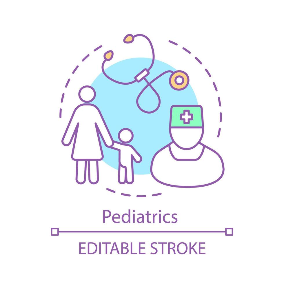 Pediatrics concept icon. Childcare medical service. Pediatrician and stethoscope. Kid clinic. Pediatric health care center idea thin line illustration. Vector isolated outline drawing. Editable stroke