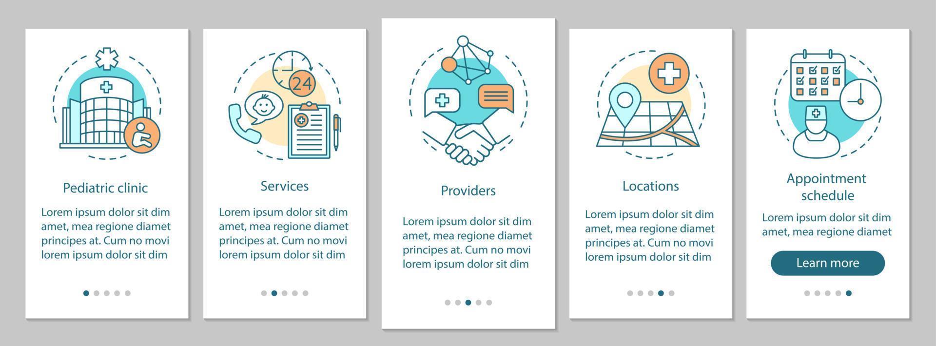 Pediatric clinic onboarding mobile app page screen with linear concepts. Service, provider, location, appointment schedule walkthrough steps graphic instruction. UX, UI, GUI vector template with icons