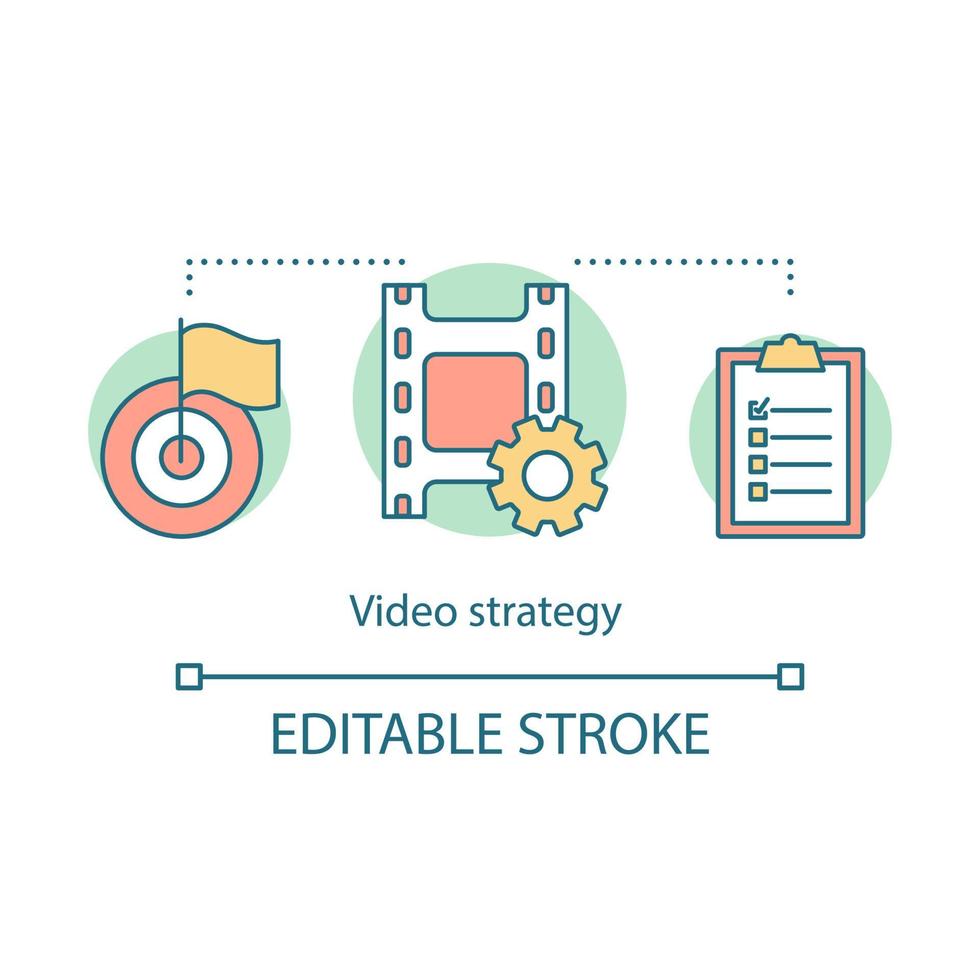 Video strategy concept icon. Content production idea thin line illustration. Achieving goal, target. Video marketing strategy. Film idea planning. Vector isolated outline drawing. Editable stroke